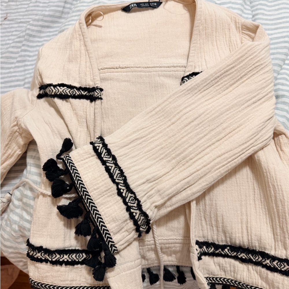 Zara Cream Black Fringe Boho Topper Jacket Women
